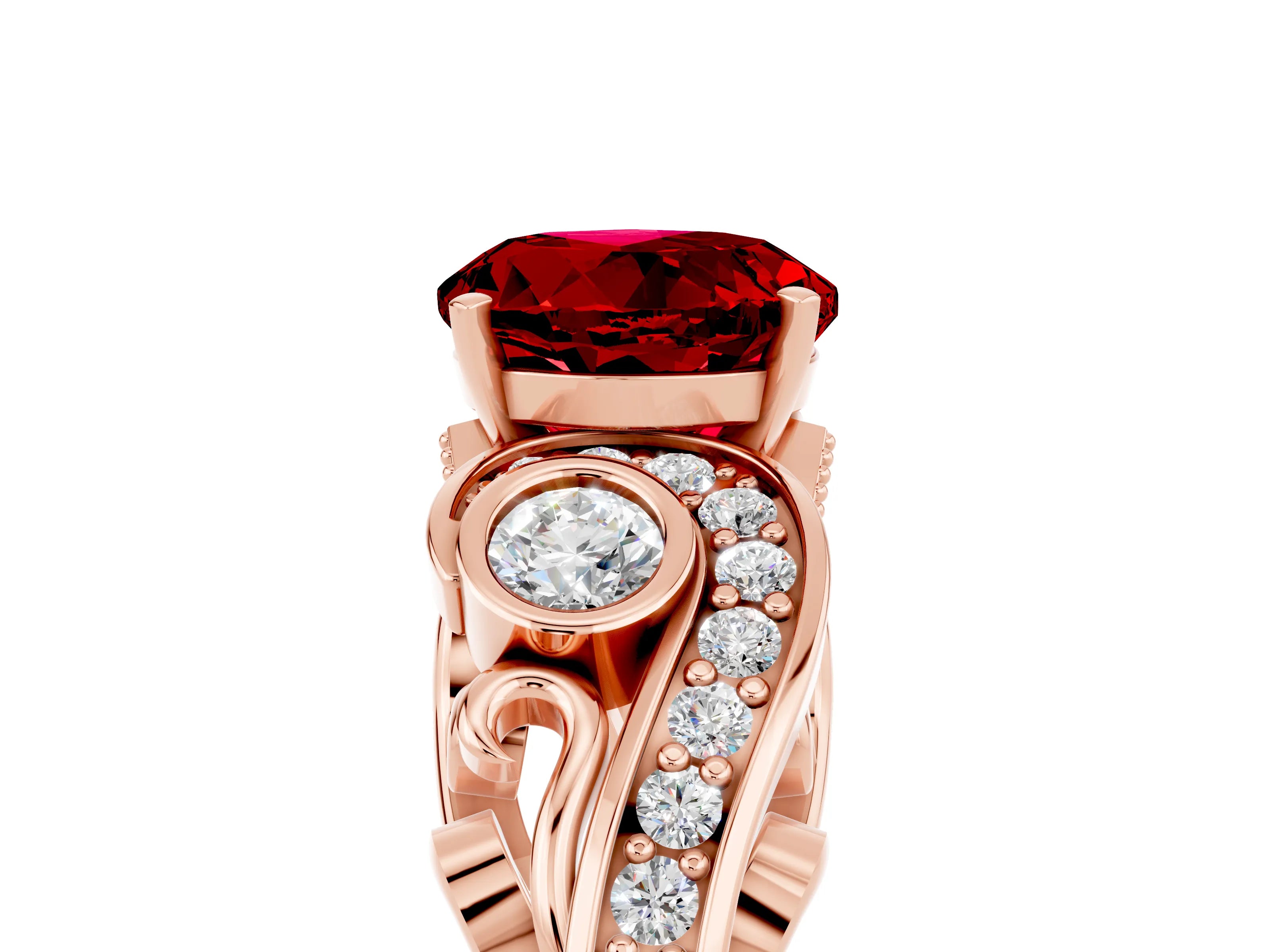 Rose gold Round Cut Ruby Solitaire Ring with Milgrain Pavé Band and Four-Prong Setting_41