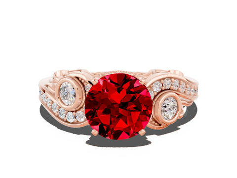 Rose gold Round Cut Ruby Solitaire Ring with Milgrain Pavé Band and Four-Prong Setting_48