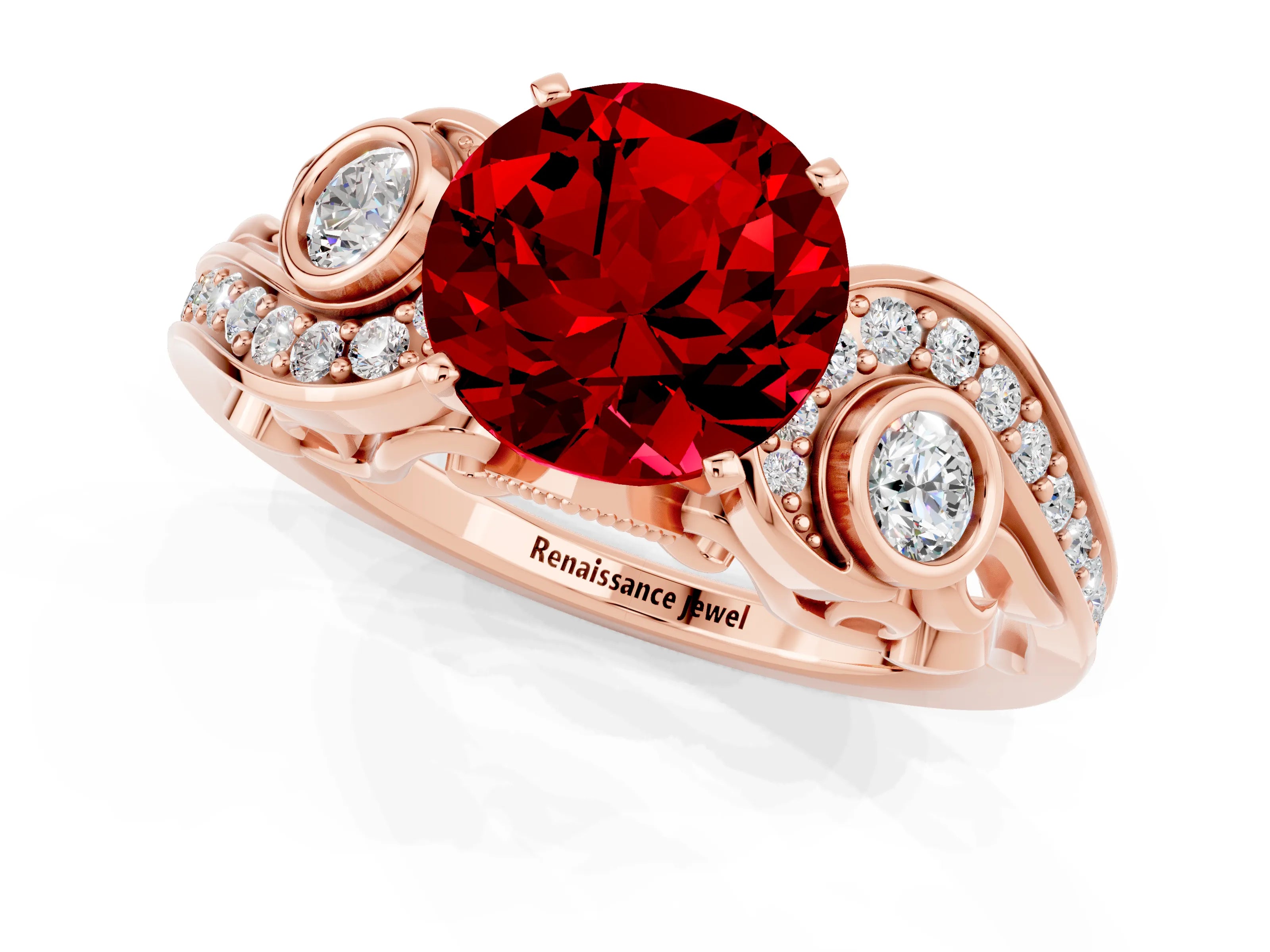 Rose gold Round Cut Ruby Solitaire Ring with Milgrain Pavé Band and Four-Prong Setting_49