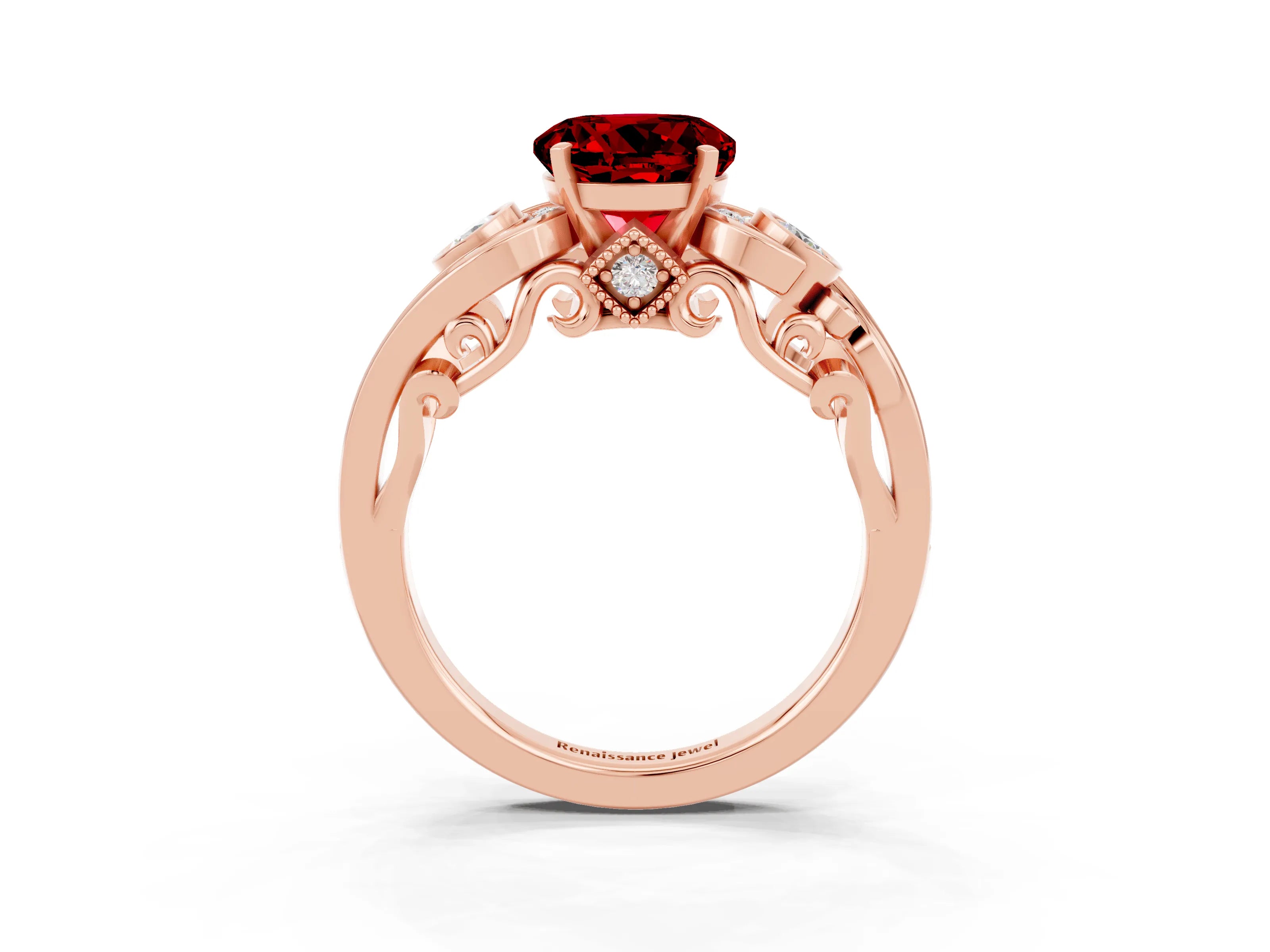 Rose gold Round Cut Ruby Solitaire Ring with Milgrain Pavé Band and Four-Prong Setting_51