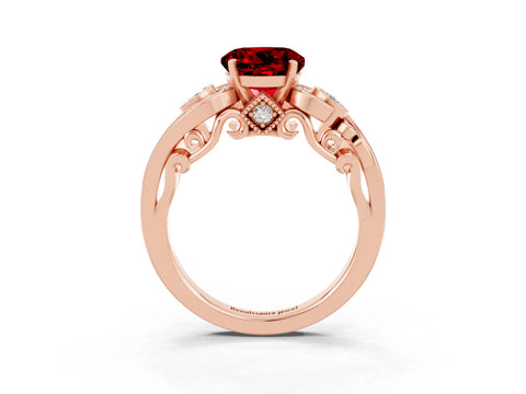 Rose gold Round Cut Ruby Solitaire Ring with Milgrain Pavé Band and Four-Prong Setting_51