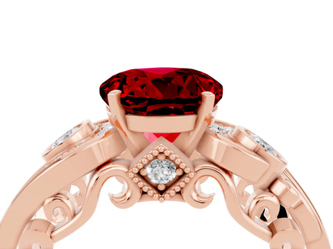 Rose gold Round Cut Ruby Solitaire Ring with Milgrain Pavé Band and Four-Prong Setting_52