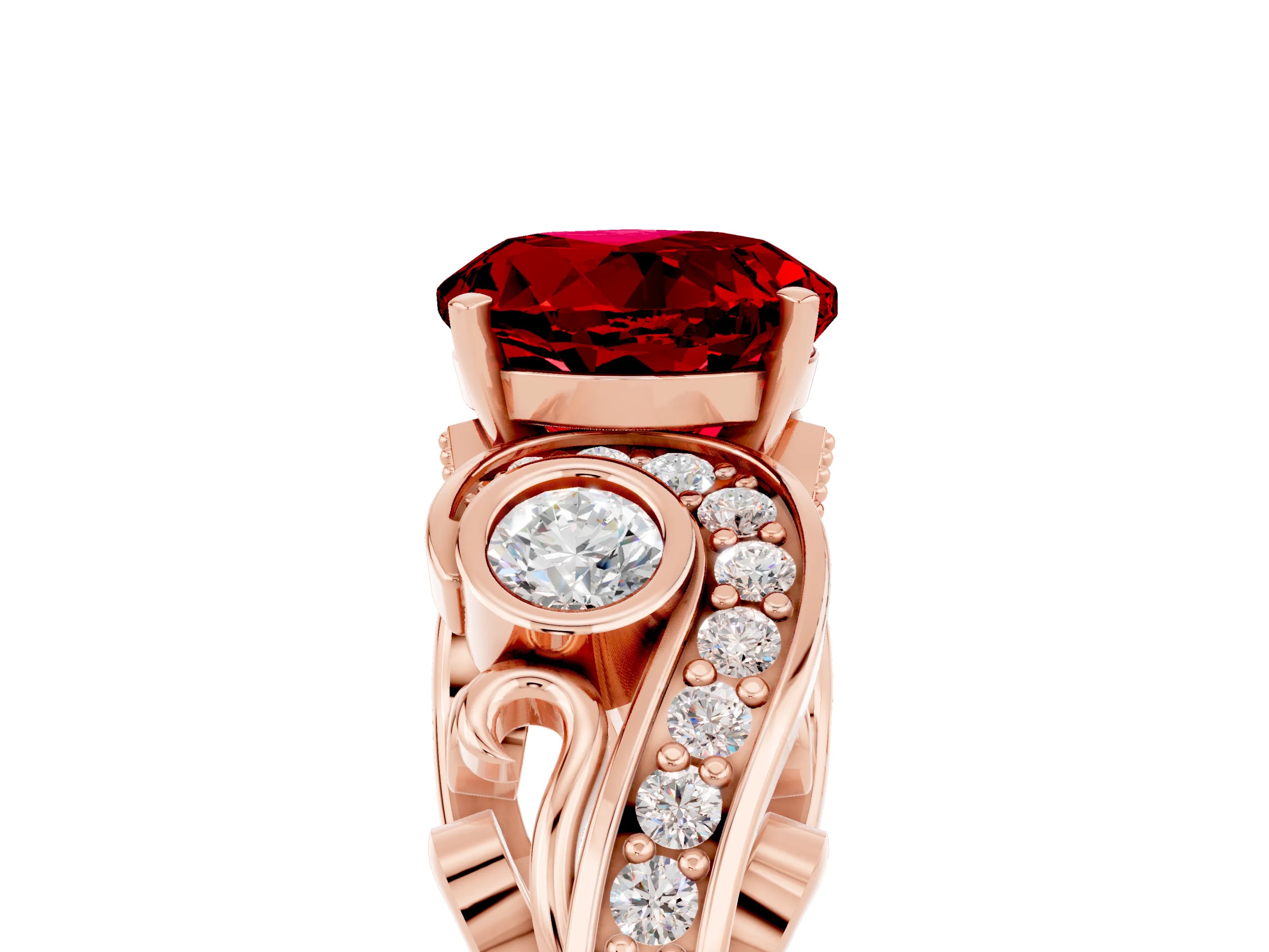 Rose gold Round Cut Ruby Solitaire Ring with Milgrain Pavé Band and Four-Prong Setting_53