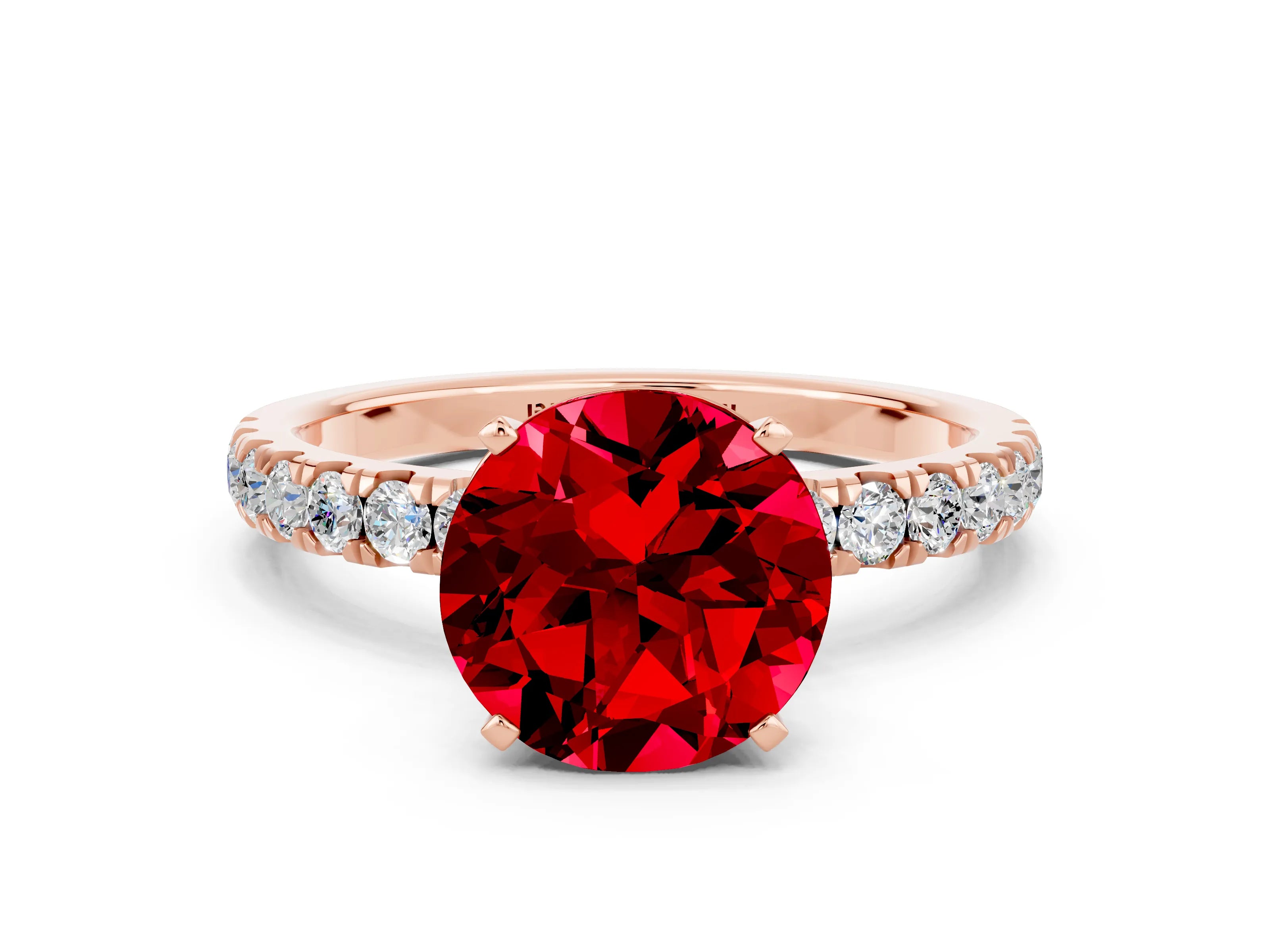 Rose gold Round Cut Ruby Solitaire Ring with Pavé Accents and Four-Prong Setting