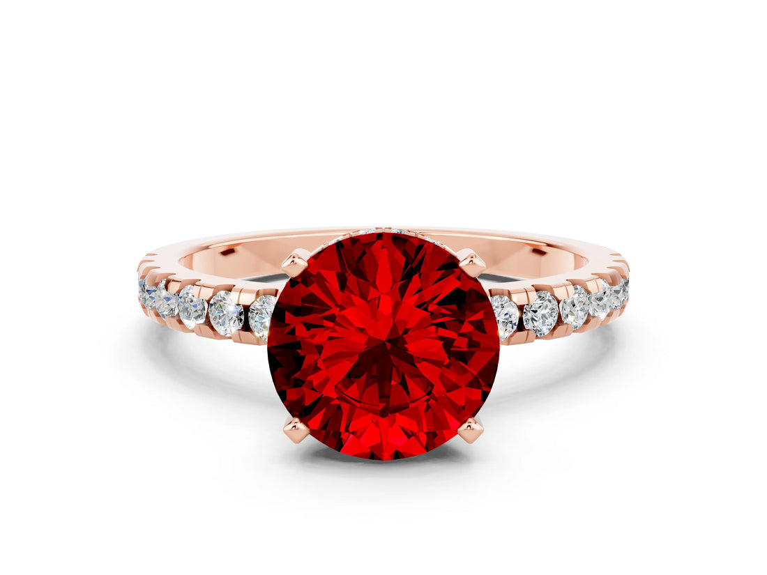 Rose gold Round Cut Ruby Solitaire Ring with Pavé Band and Four-Prong Setting_12