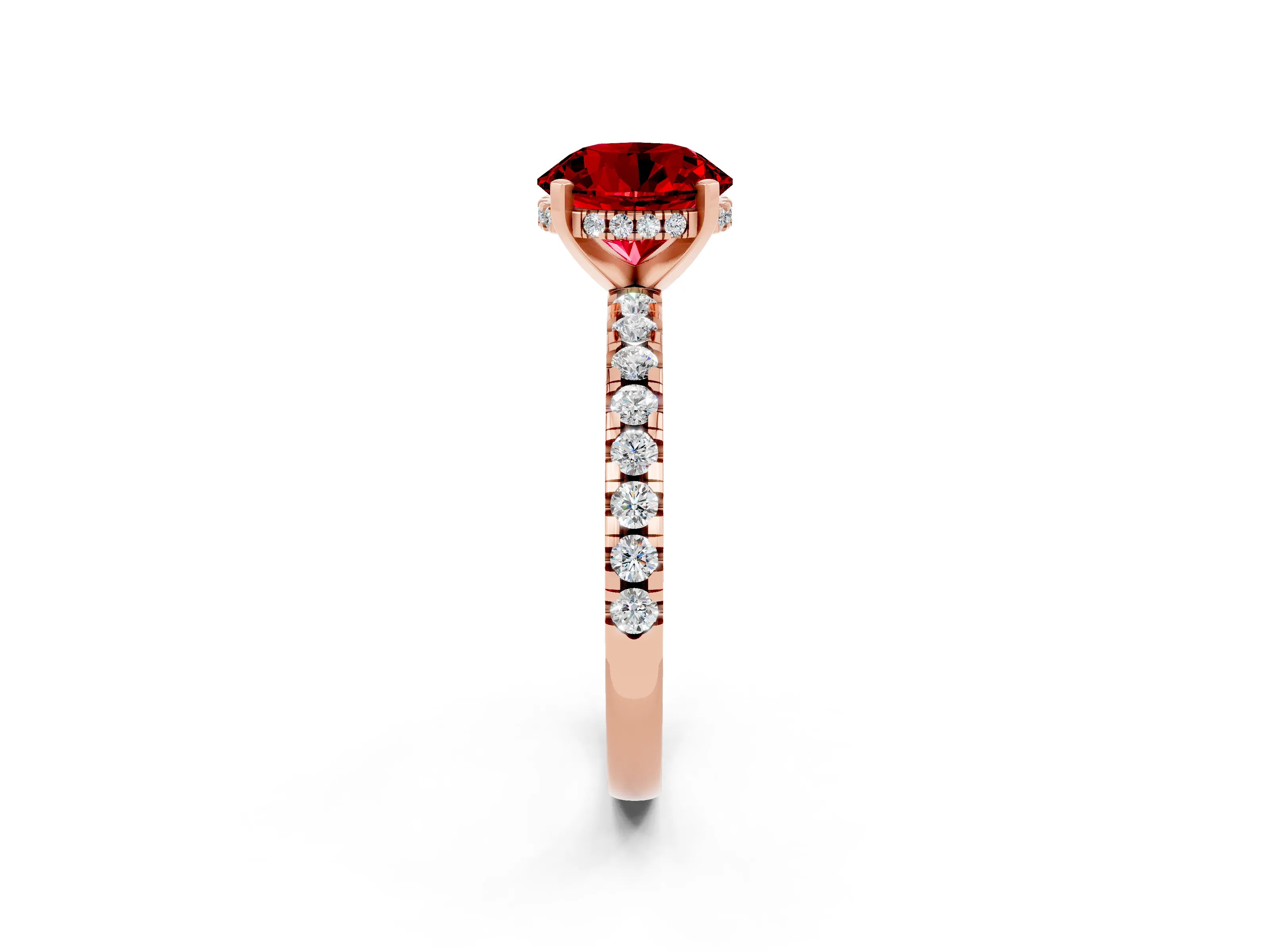 Rose gold Round Cut Ruby Solitaire Ring with Pavé Band and Four-Prong Setting_14