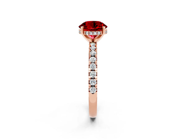 Rose gold Round Cut Ruby Solitaire Ring with Round  Pavé Band and Four-Prong Setting