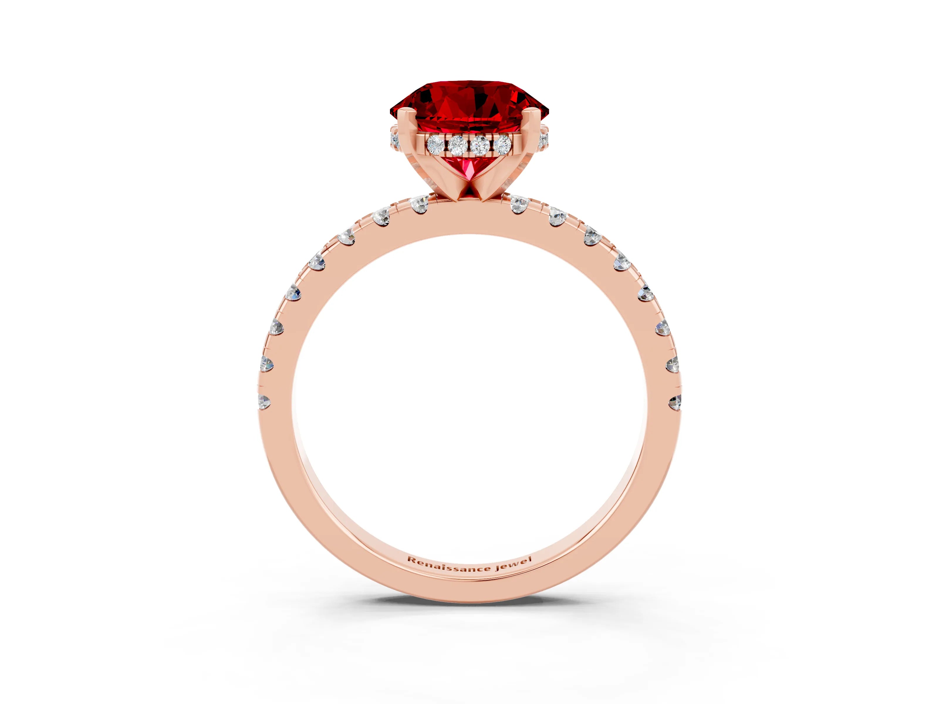 Rose gold Round Cut Ruby Solitaire Ring with Pavé Band and Four-Prong Setting_15