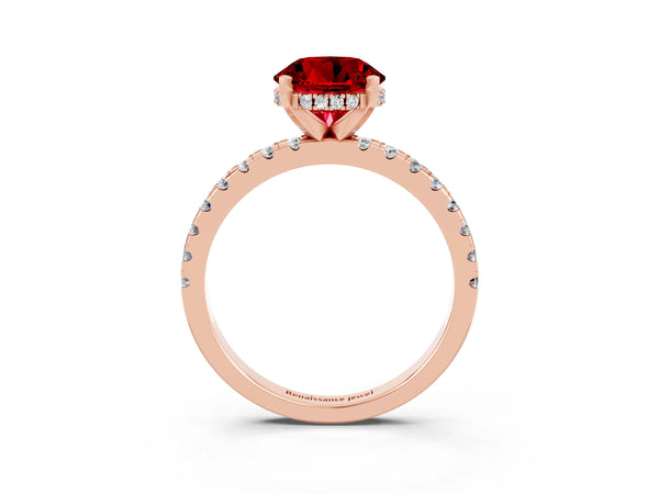 Rose gold Round Cut Ruby Solitaire Ring with Round  Pavé Band and Four-Prong Setting