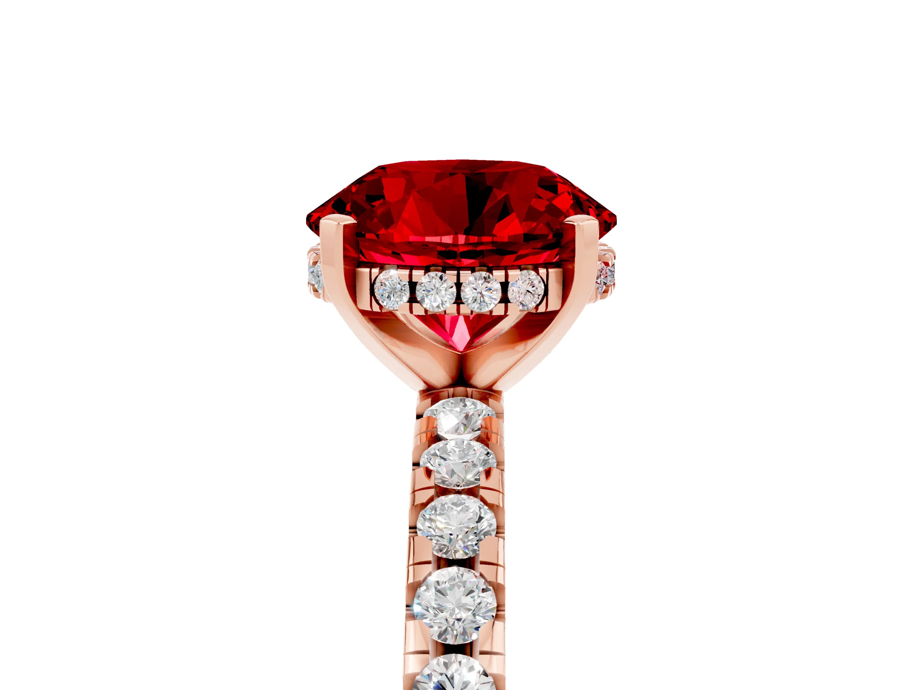 Rose gold Round Cut Ruby Solitaire Ring with Pavé Band and Four-Prong Setting_17