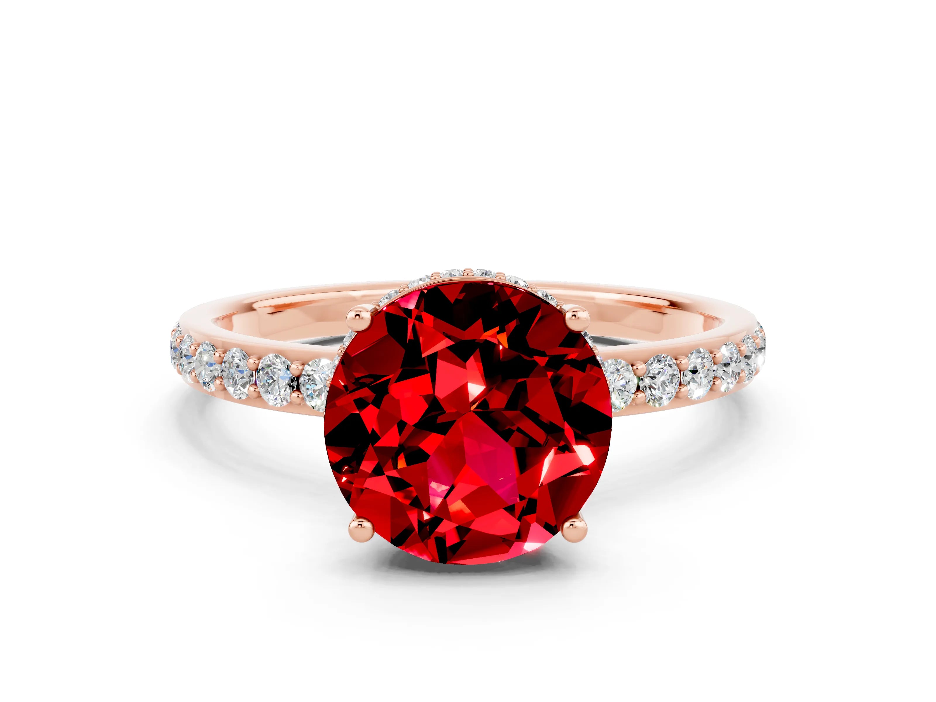 Rose gold Round Cut Ruby Solitaire Ring with Pavé Band and Hidden Halo_12