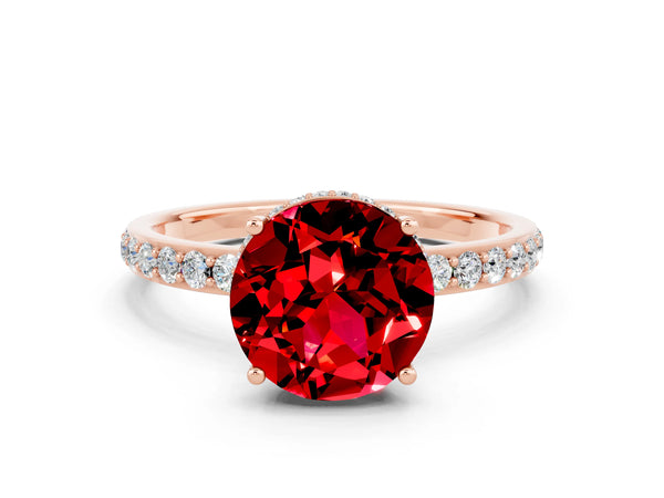 Rose gold Round Cut Ruby Solitaire Ring with Pavé Band and Hidden Halo