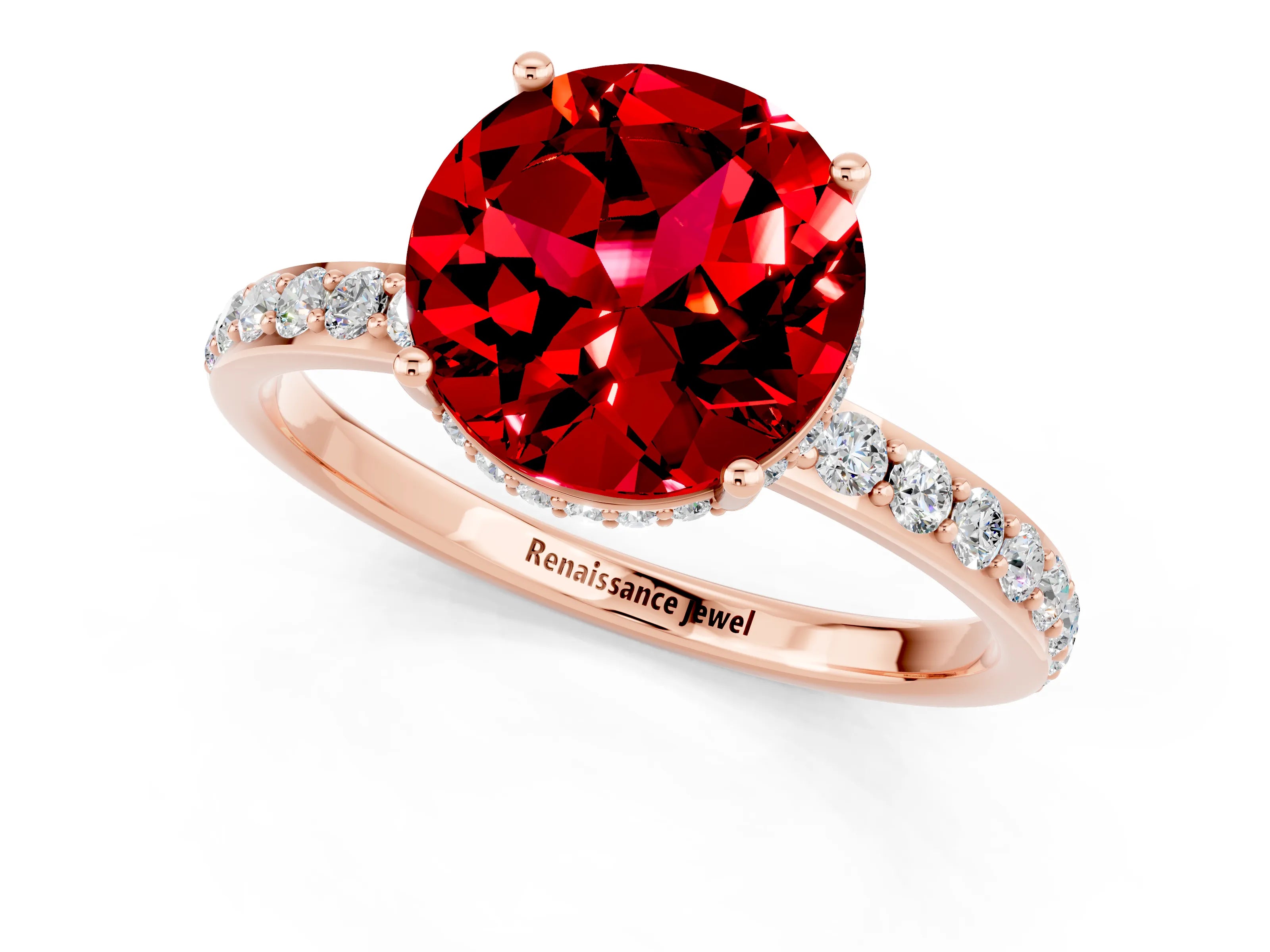 Rose gold Round Cut Ruby Solitaire Ring with Pavé Band and Hidden Halo_13