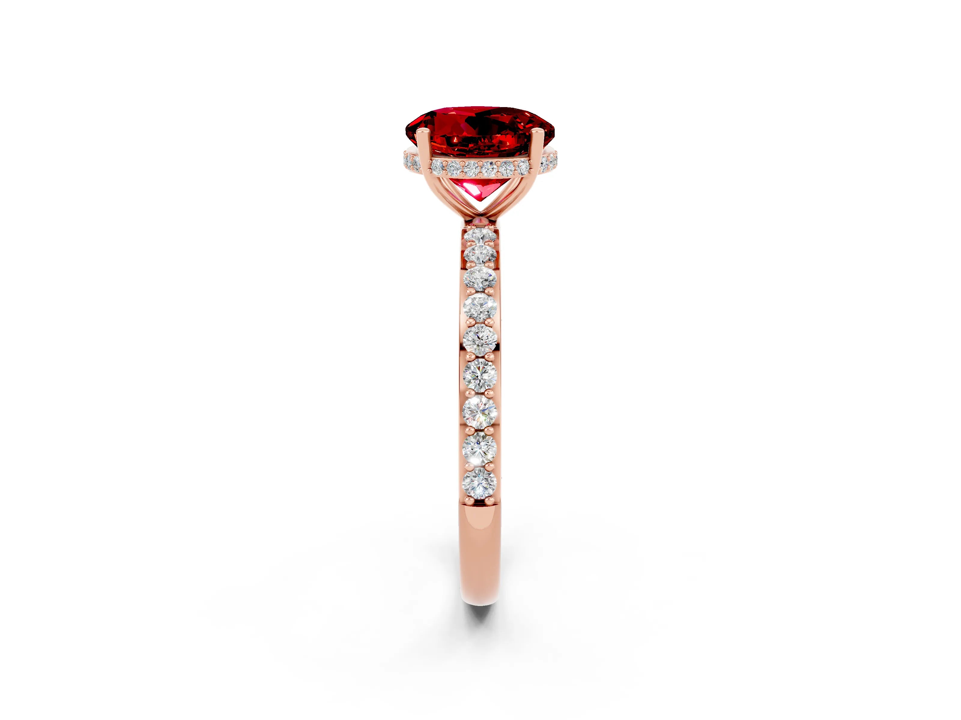 Rose gold Round Cut Ruby Solitaire Ring with Pavé Band and Hidden Halo_14