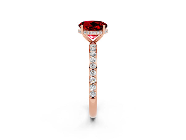 Rose gold Round Cut Ruby Solitaire Ring with Pavé Band and Hidden Halo