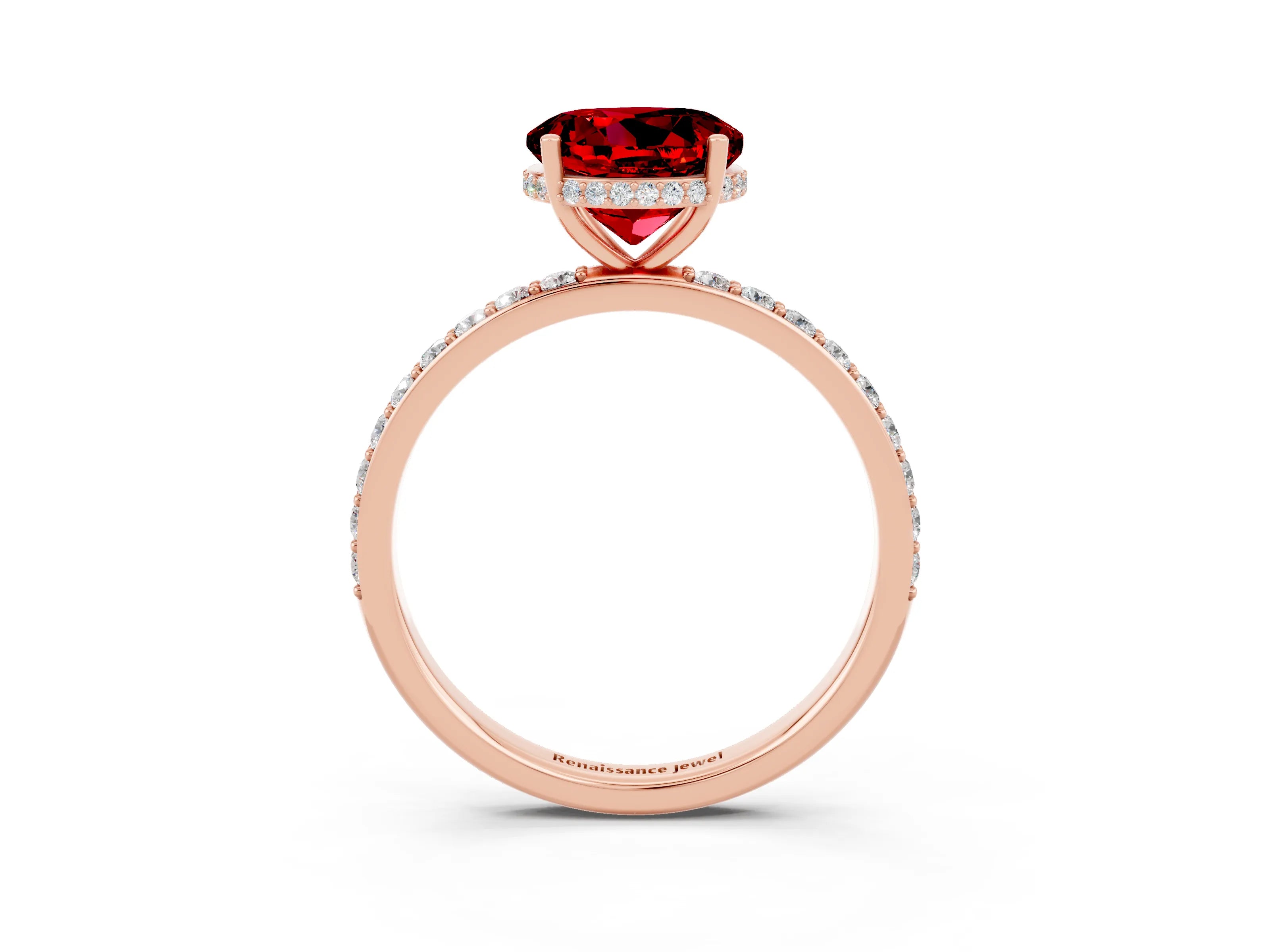 Rose gold Round Cut Ruby Solitaire Ring with Pavé Band and Hidden Halo_15