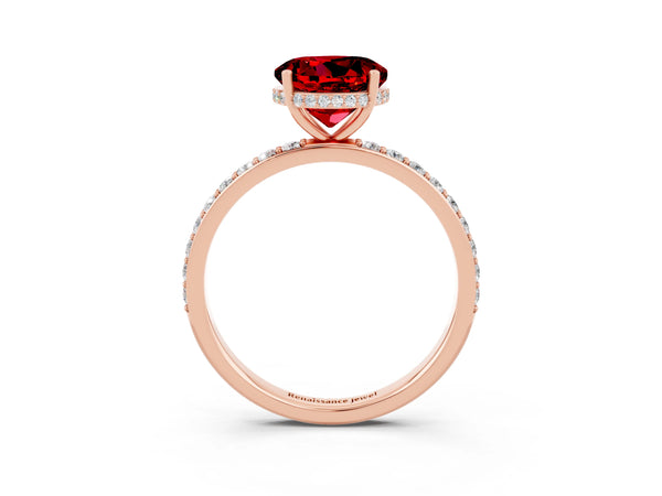 Rose gold Round Cut Ruby Solitaire Ring with Pavé Band and Hidden Halo