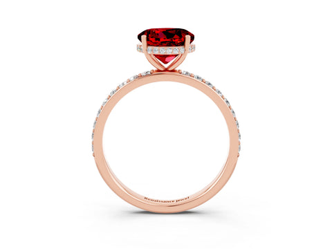 Rose gold Round Cut Ruby Solitaire Ring with Pavé Band and Hidden Halo_15