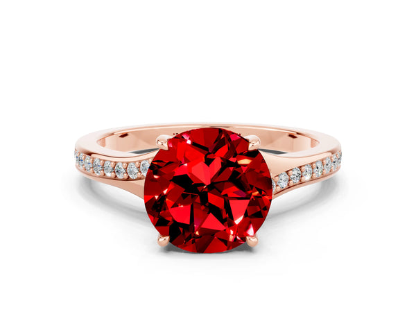 Rose gold Round Cut Ruby Solitaire Ring with Pavé Band and Prong Setting