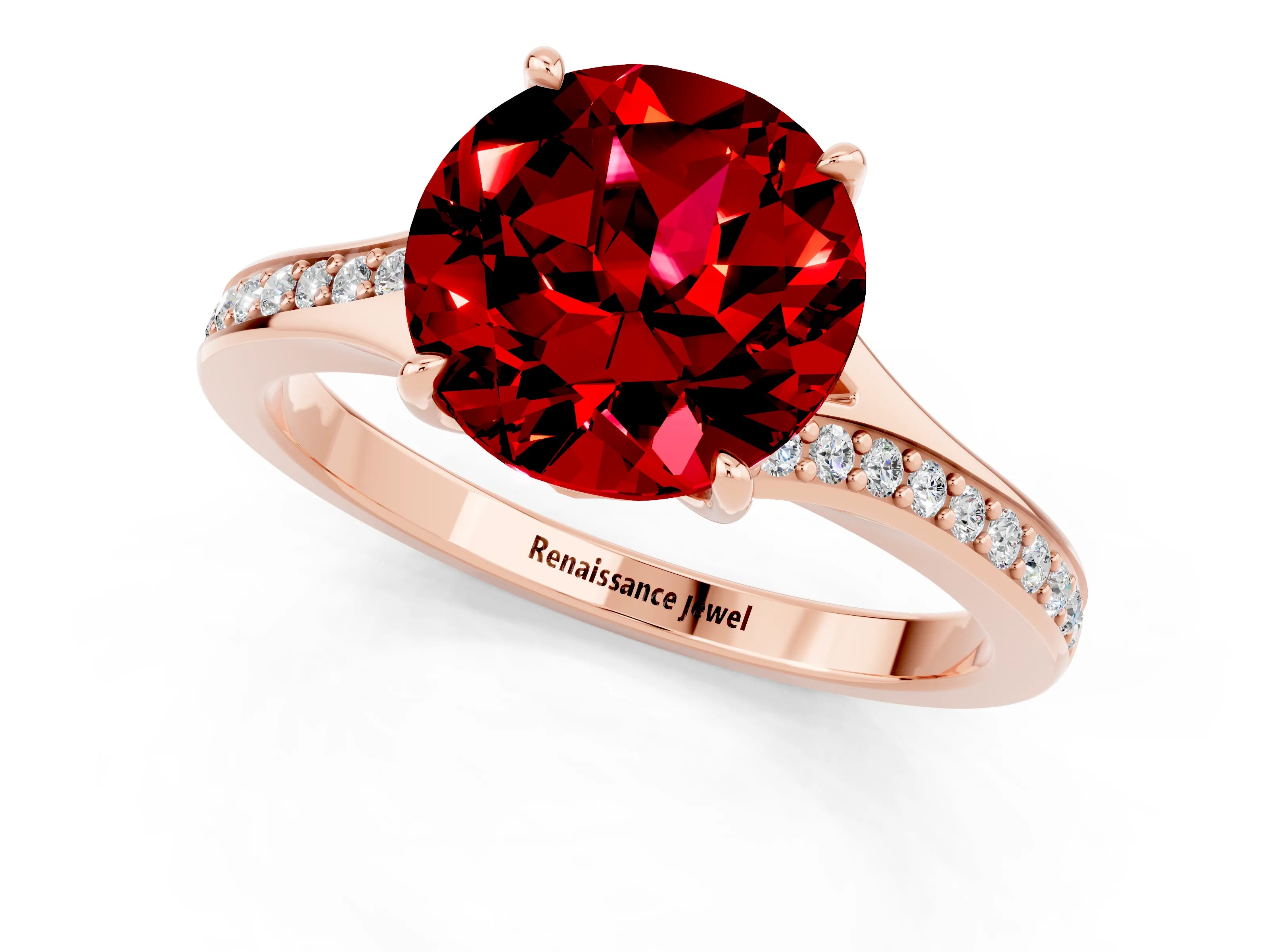 Rose gold Round Cut Ruby Solitaire Ring with Pavé Band and Prong Setting_1