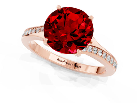 Rose gold Round Cut Ruby Solitaire Ring with Pavé Band and Prong Setting_13