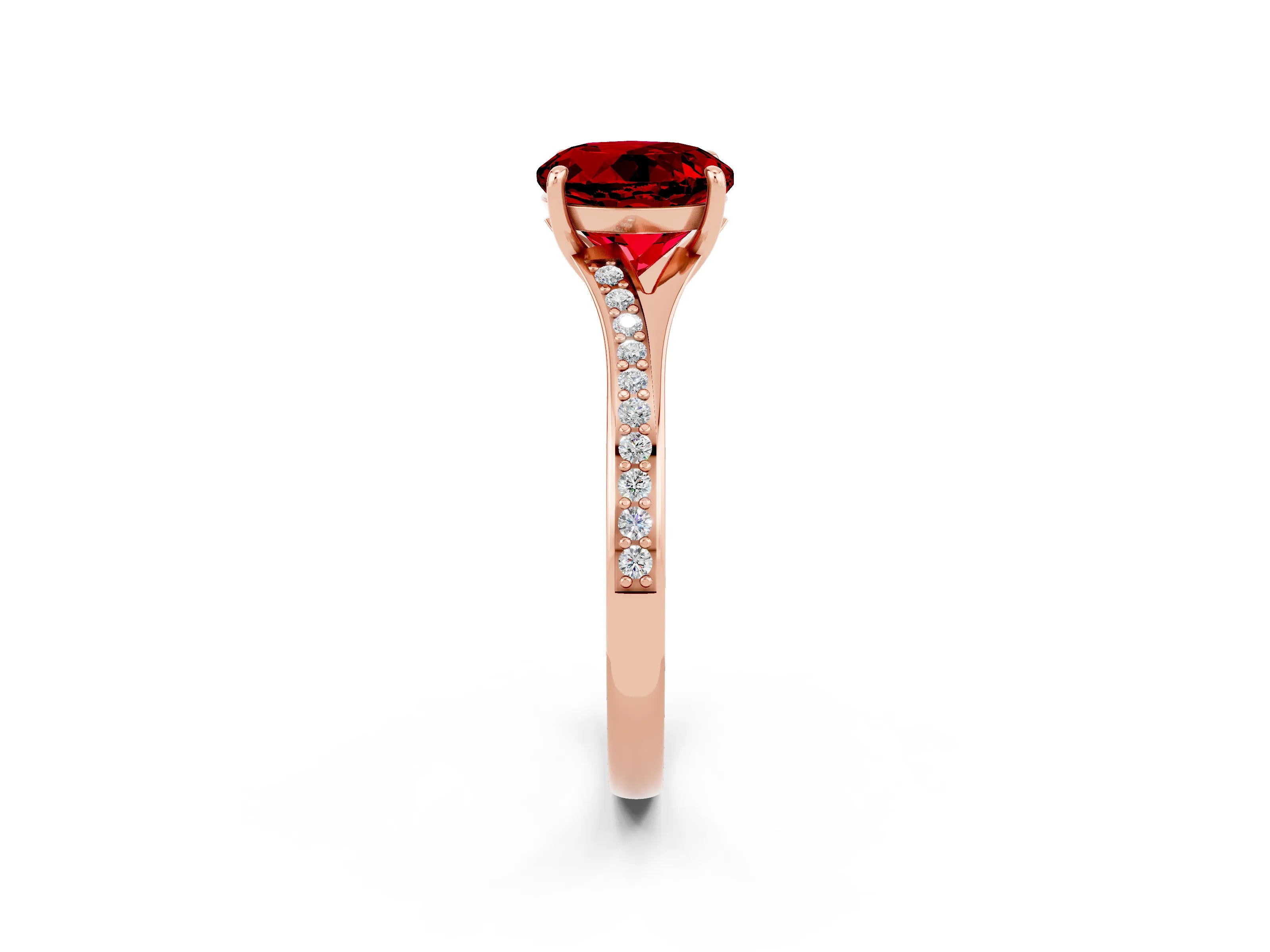 Rose gold Round Cut Ruby Solitaire Ring with Pavé Band and Prong Setting_14
