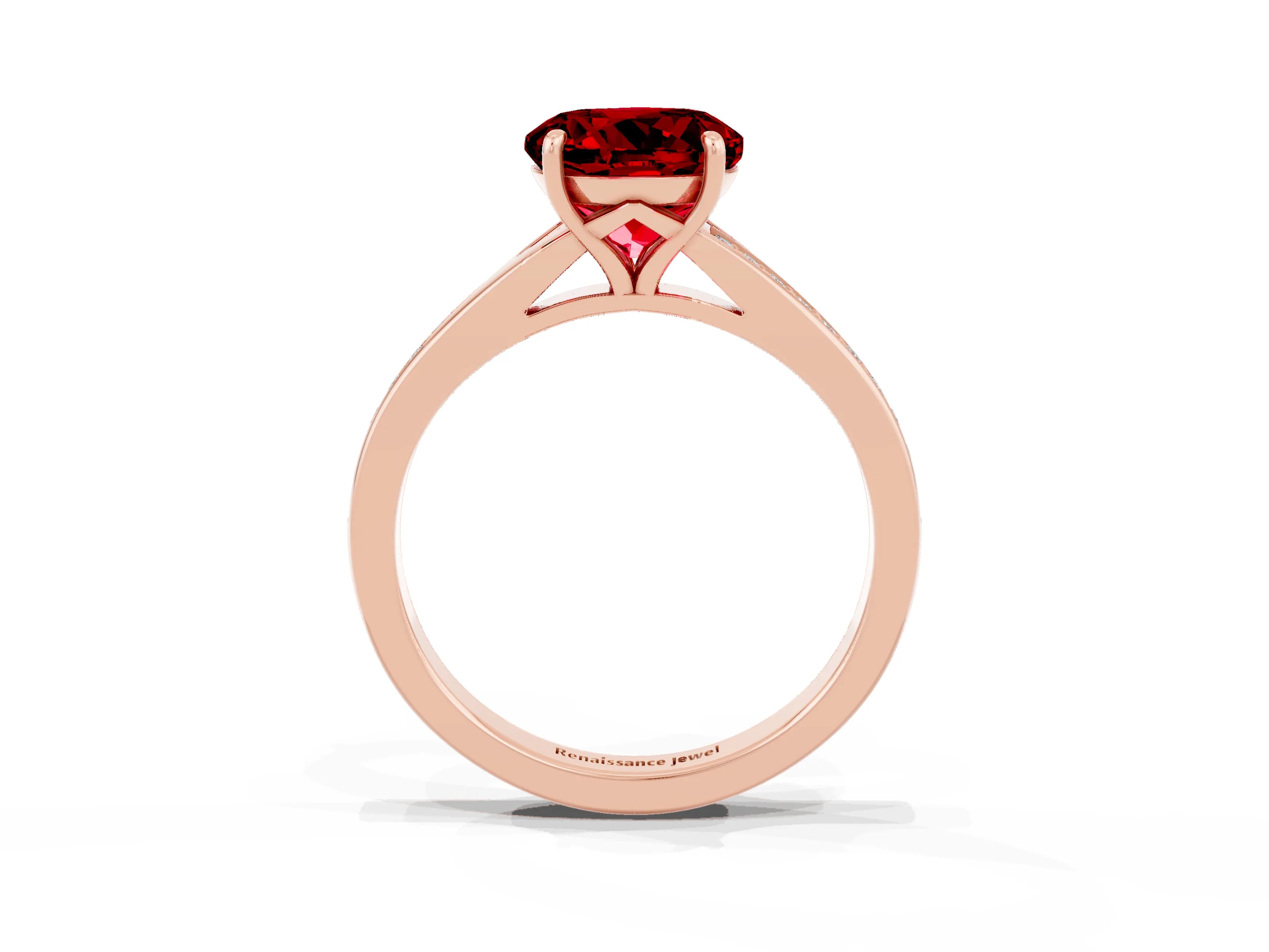 Rose gold Round Cut Ruby Solitaire Ring with Pavé Band and Prong Setting_15