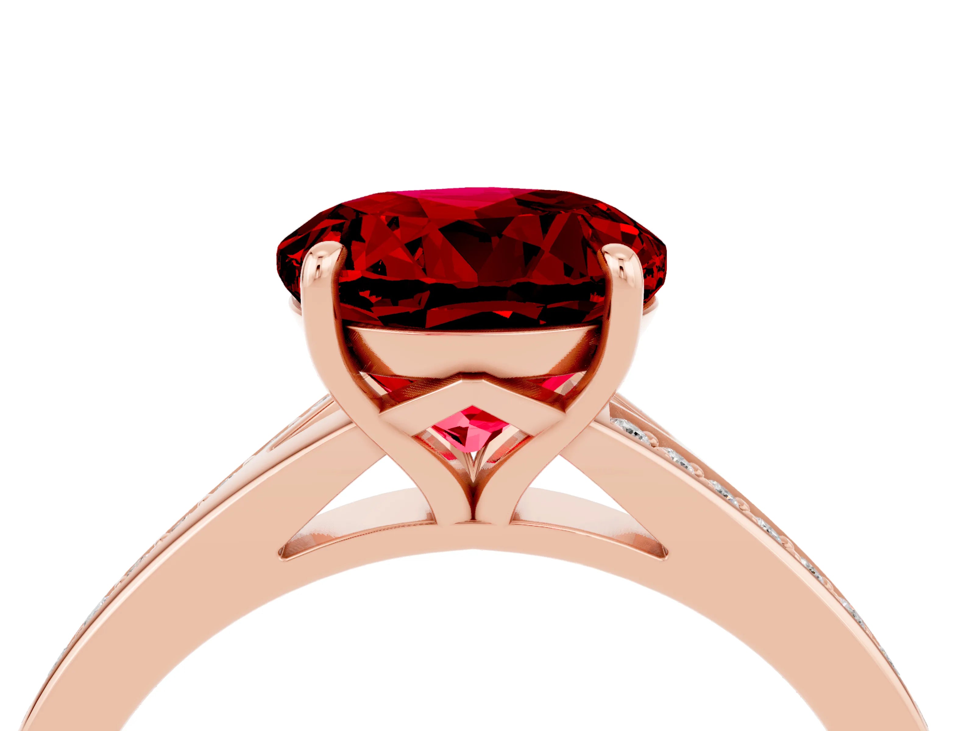 Rose gold Round Cut Ruby Solitaire Ring with Pavé Band and Prong Setting_16