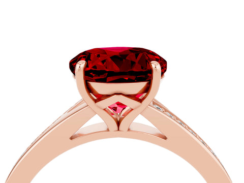 Rose gold Round Cut Ruby Solitaire Ring with Pavé Band and Prong Setting_16