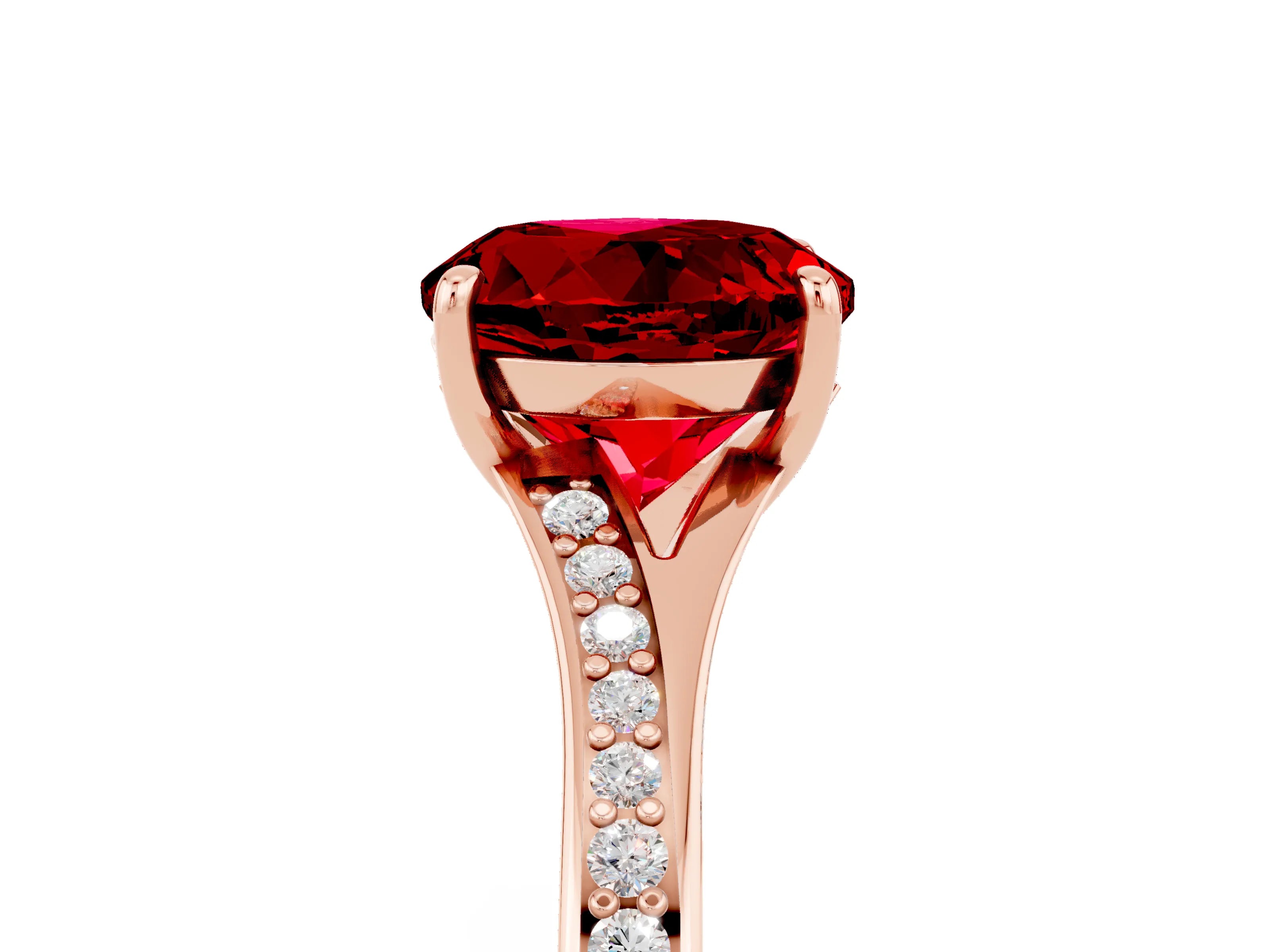 Rose gold Round Cut Ruby Solitaire Ring with Pavé Band and Prong Setting_17