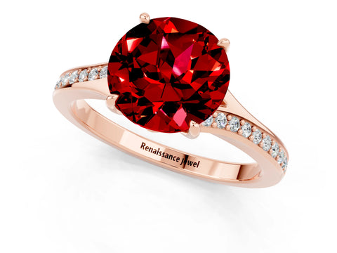Rose gold Round Cut Ruby Solitaire Ring with Pavé Band and Prong Setting_1