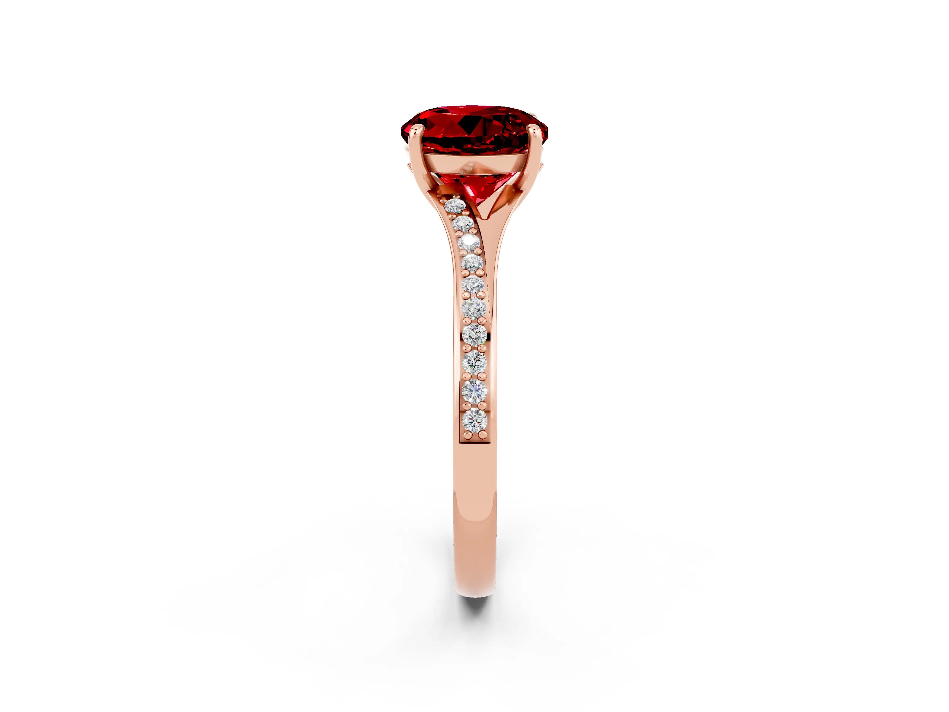 Rose gold Round Cut Ruby Solitaire Ring with Pavé Band and Prong Setting_2
