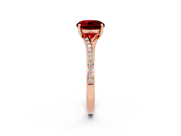Rose gold Round Cut Ruby Solitaire Ring with Pavé Band and Prong Setting