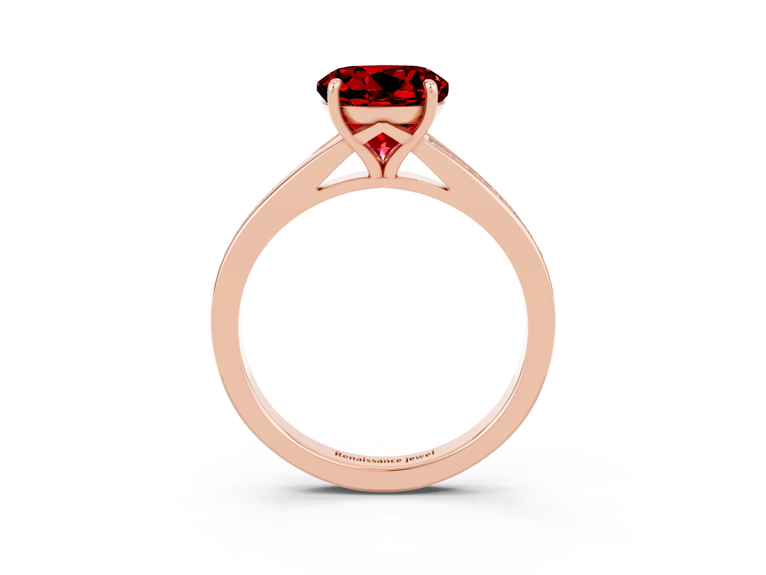 Rose gold Round Cut Ruby Solitaire Ring with Pavé Band and Prong Setting_3