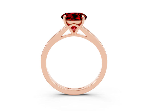 Rose gold Round Cut Ruby Solitaire Ring with Pavé Band and Prong Setting