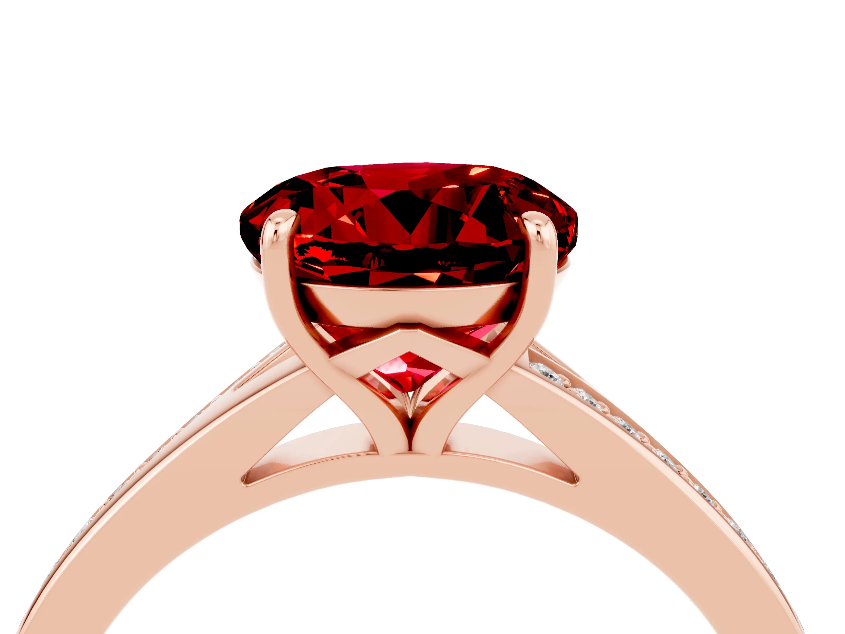 Rose gold Round Cut Ruby Solitaire Ring with Pavé Band and Prong Setting_4