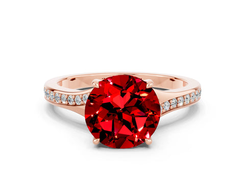 Rose gold Round Cut Ruby Solitaire Ring with Pavé Band and Prong Setting