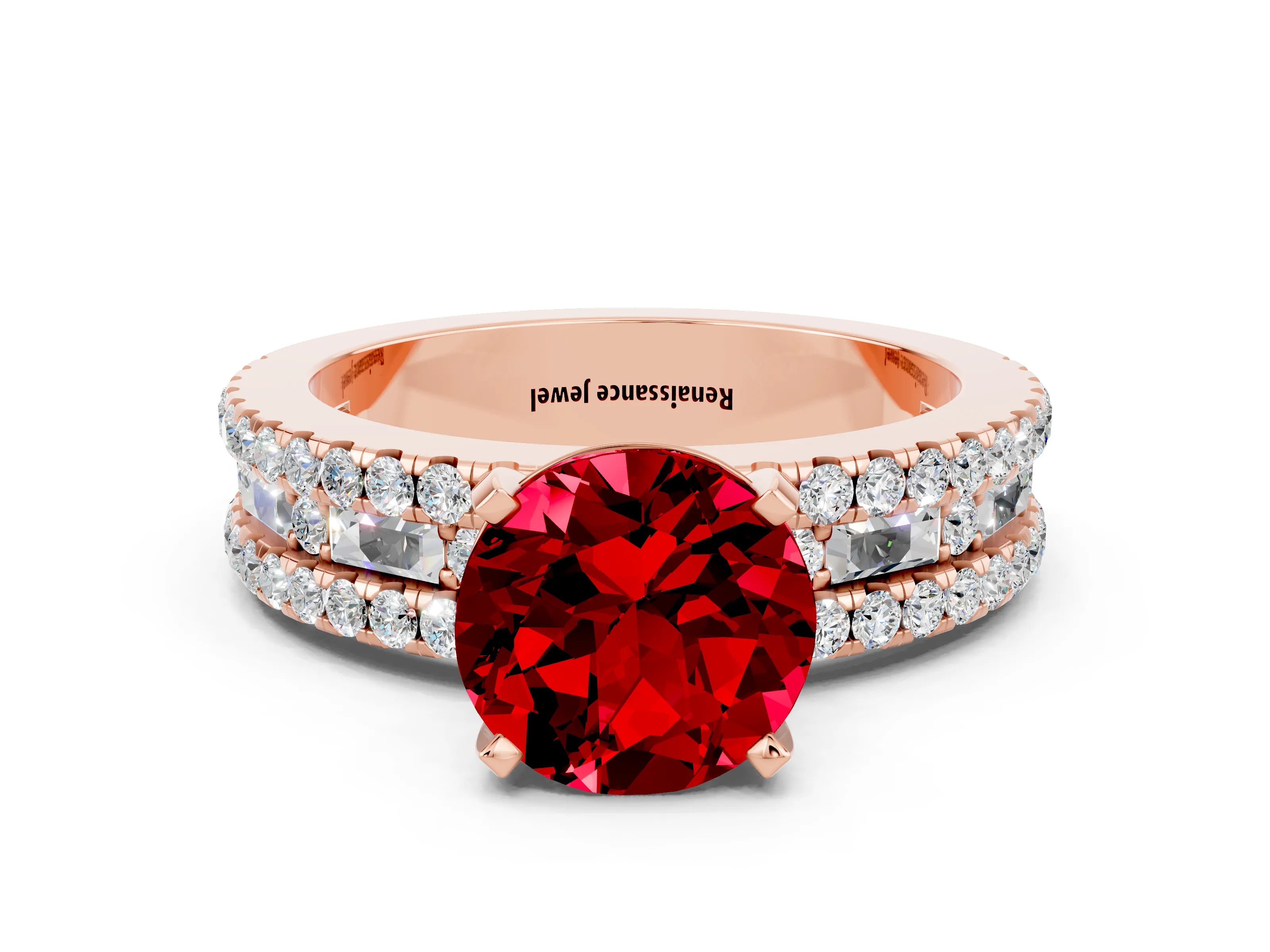 Rose gold Round Cut Ruby Solitaire Ring with Pavé and Channel Set Band