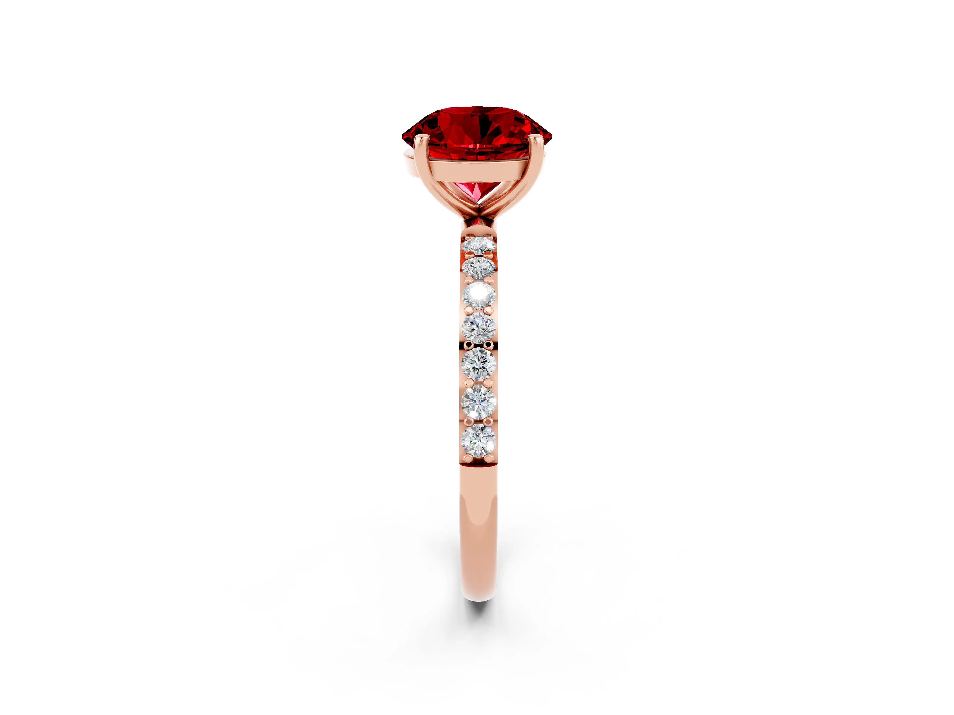 Rose gold Round Cut Ruby Solitaire Ring with Pave Band and Four Prong Setting_26