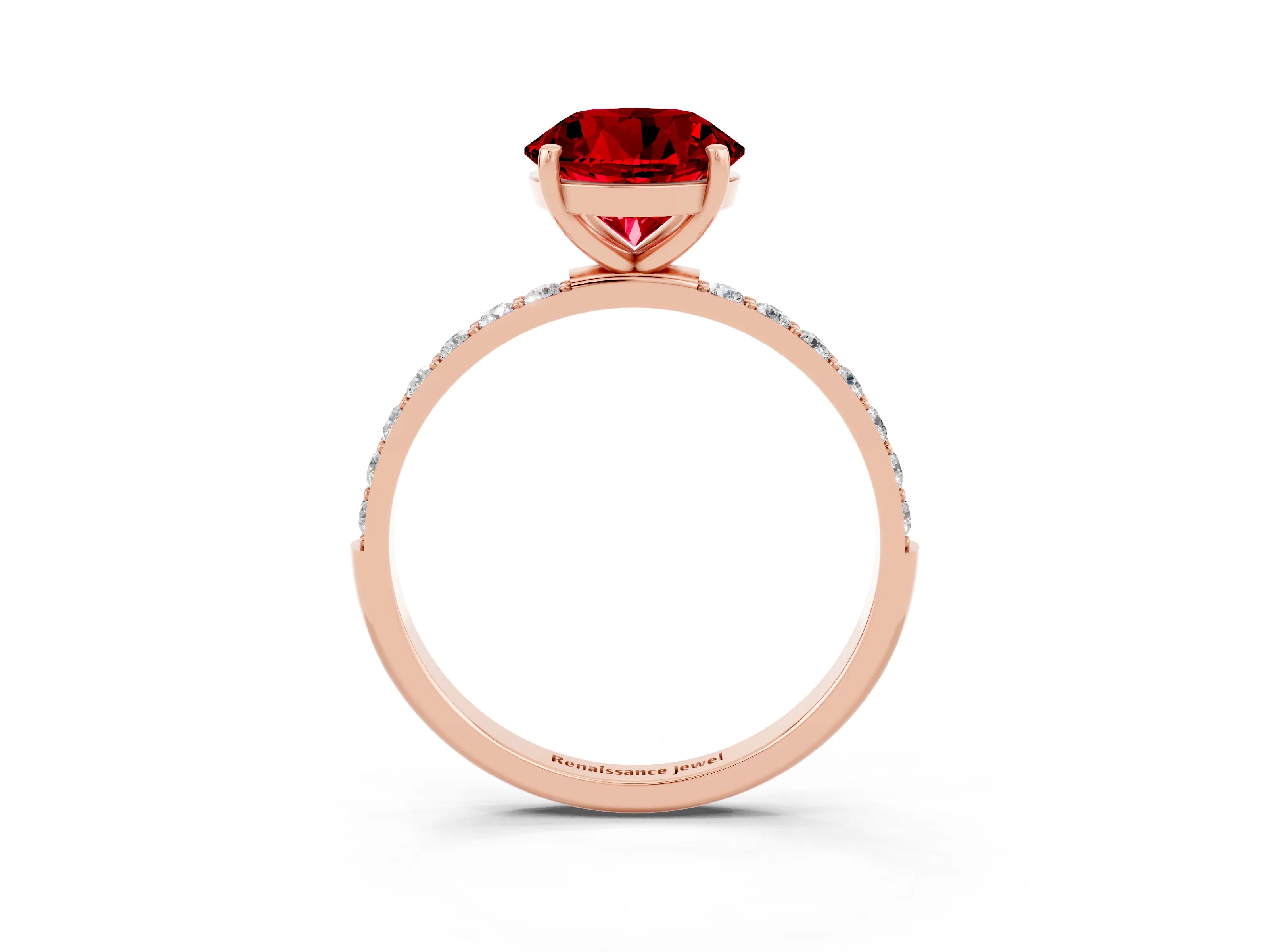 Rose gold Round Cut Ruby Solitaire Ring with Pave Band and Four Prong Setting_27
