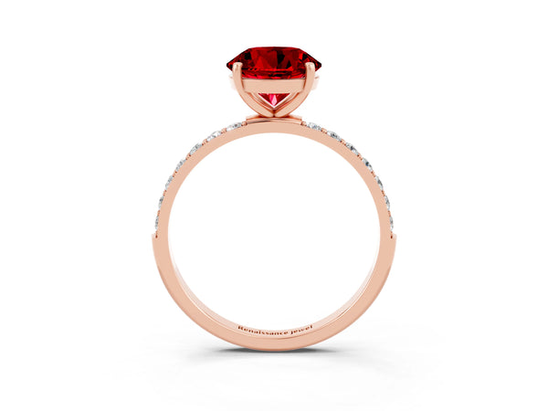 Rose gold Round Cut Ruby Solitaire Ring with Round  Pavé Band and Prong Setting