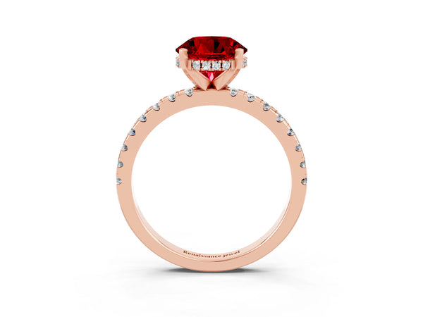 Rose Gold Round Lab-Grown Ruby Hidden Halo Engagement Ring with Pave Band