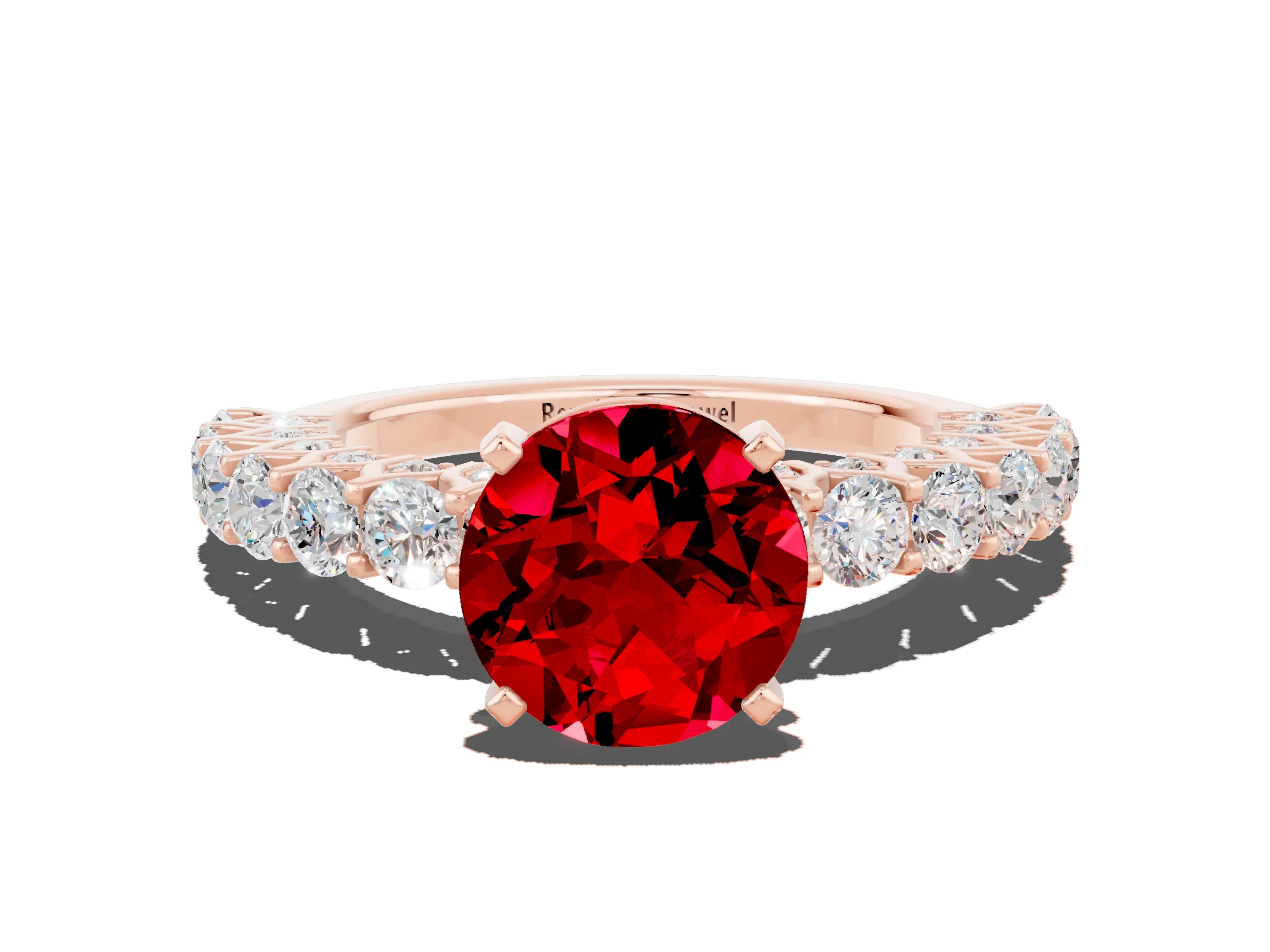 Rose gold Round Cut Ruby Solitaire Ring with Shared Prong Pavé Band and Four-Prong Setting