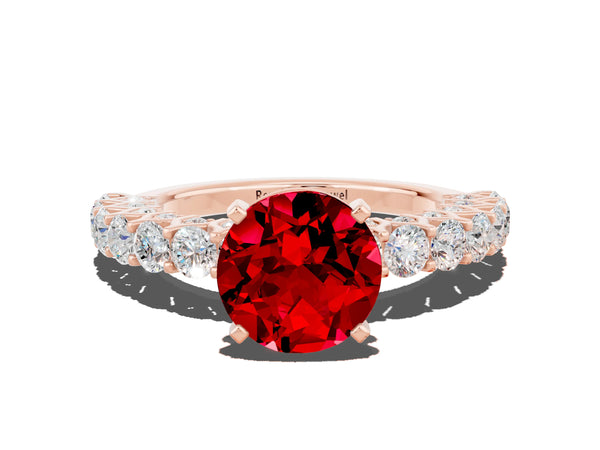 Rose gold Round Cut Ruby Solitaire Ring with Shared Prong Pavé Band and Four-Prong Setting