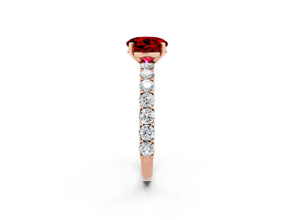 Rose gold Round Cut Ruby Solitaire Ring with Shared Prong Pavé Band and Four-Prong Setting