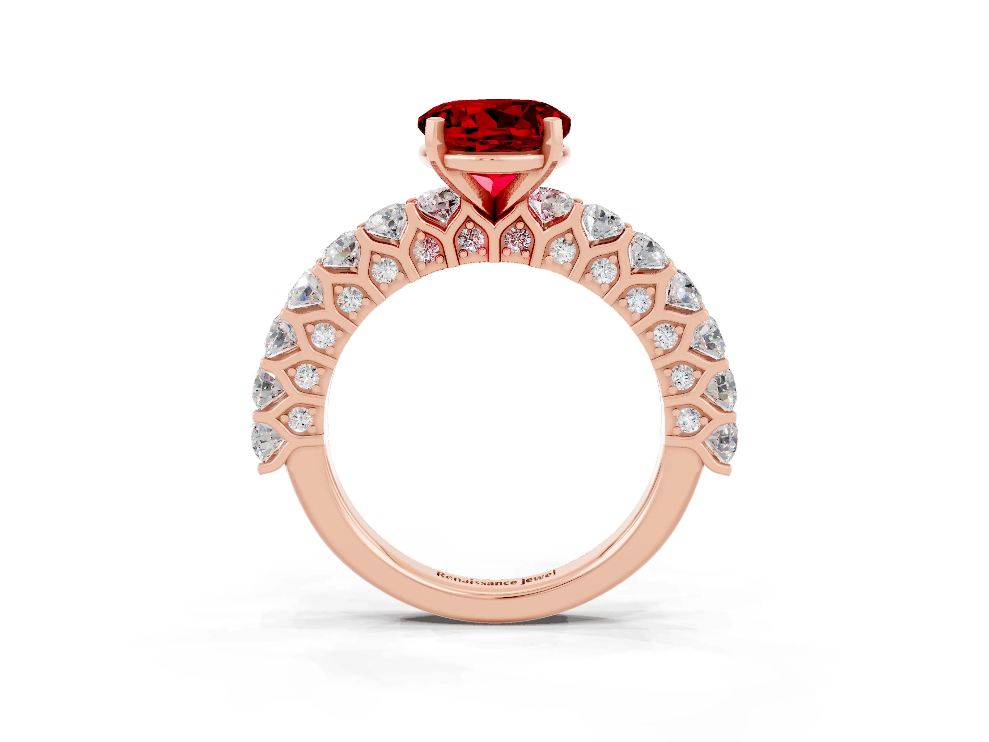 Rose gold Round Cut Ruby Solitaire Ring with Shared Prong Pavé Band and Four-Prong Setting_3