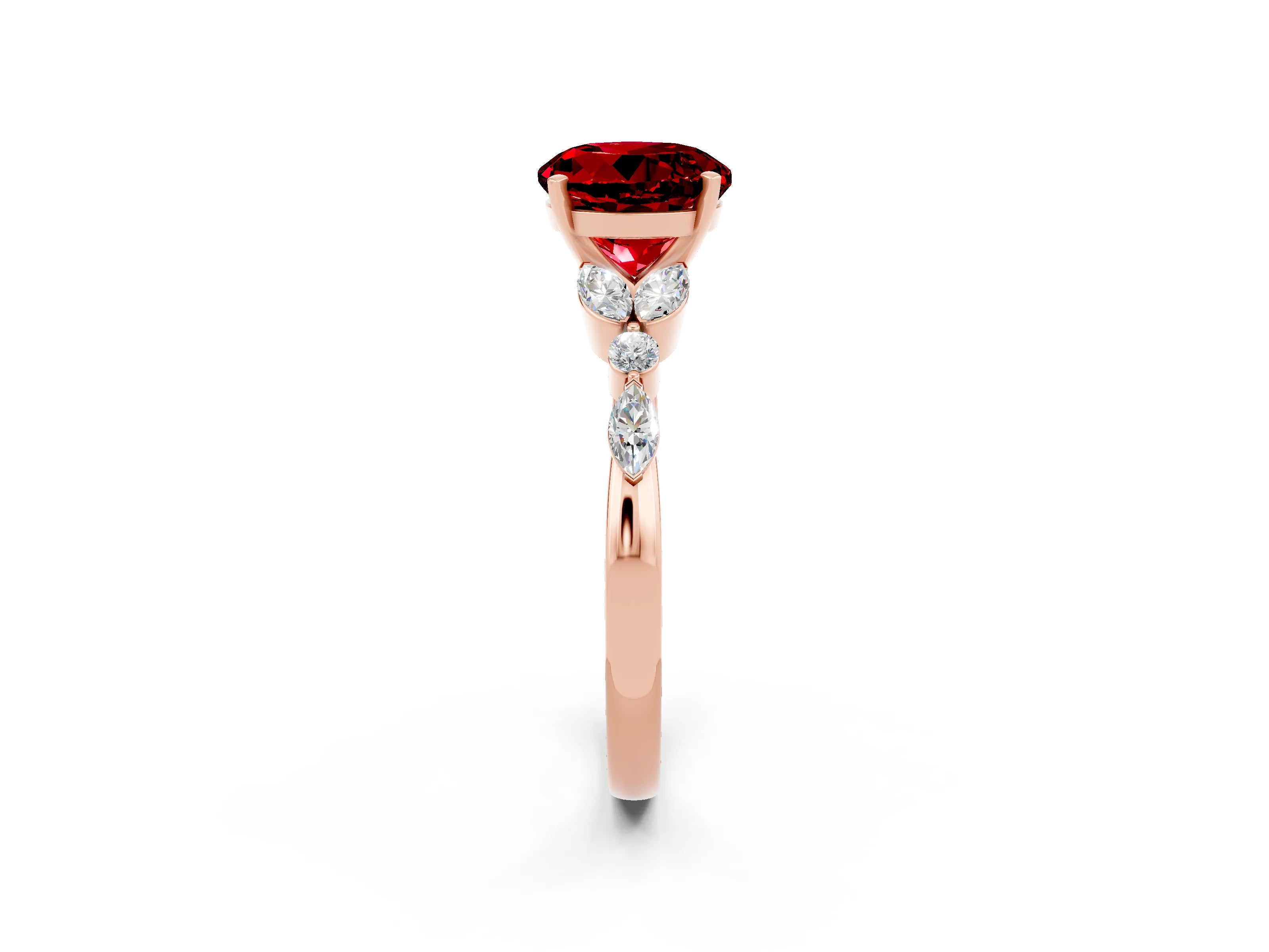 Rose gold Round Cut Ruby Solitaire Ring with Side Stones and Four-Prong Setting_14