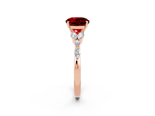 Rose gold Round Cut Ruby Solitaire Ring with Side Stones and Four-Prong Setting