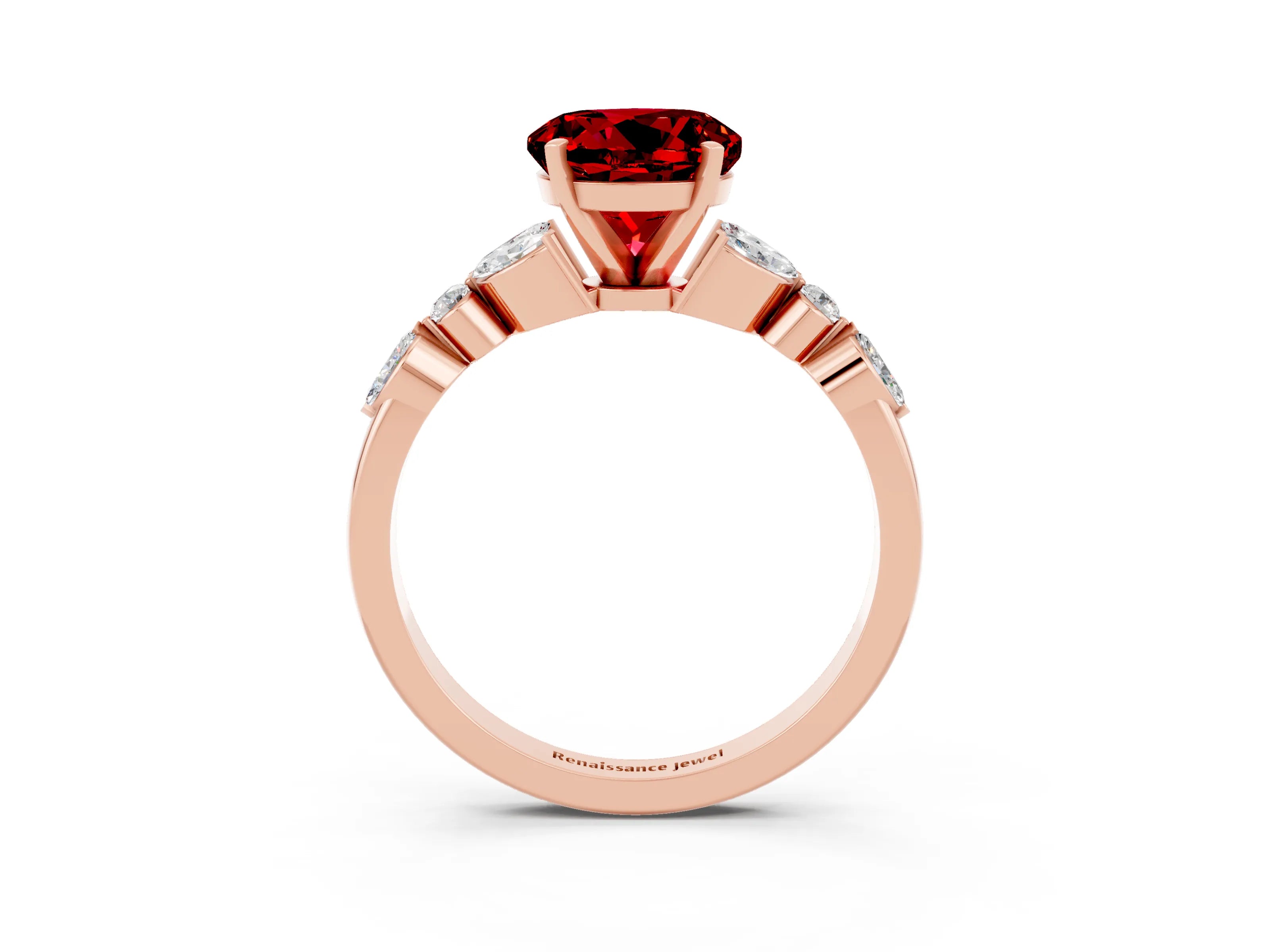 Rose gold Round Cut Ruby Solitaire Ring with Side Stones and Four-Prong Setting_15