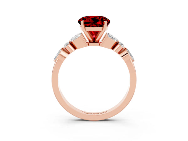 Rose gold Round Cut Ruby Solitaire Ring with Side Stones and Four-Prong Setting